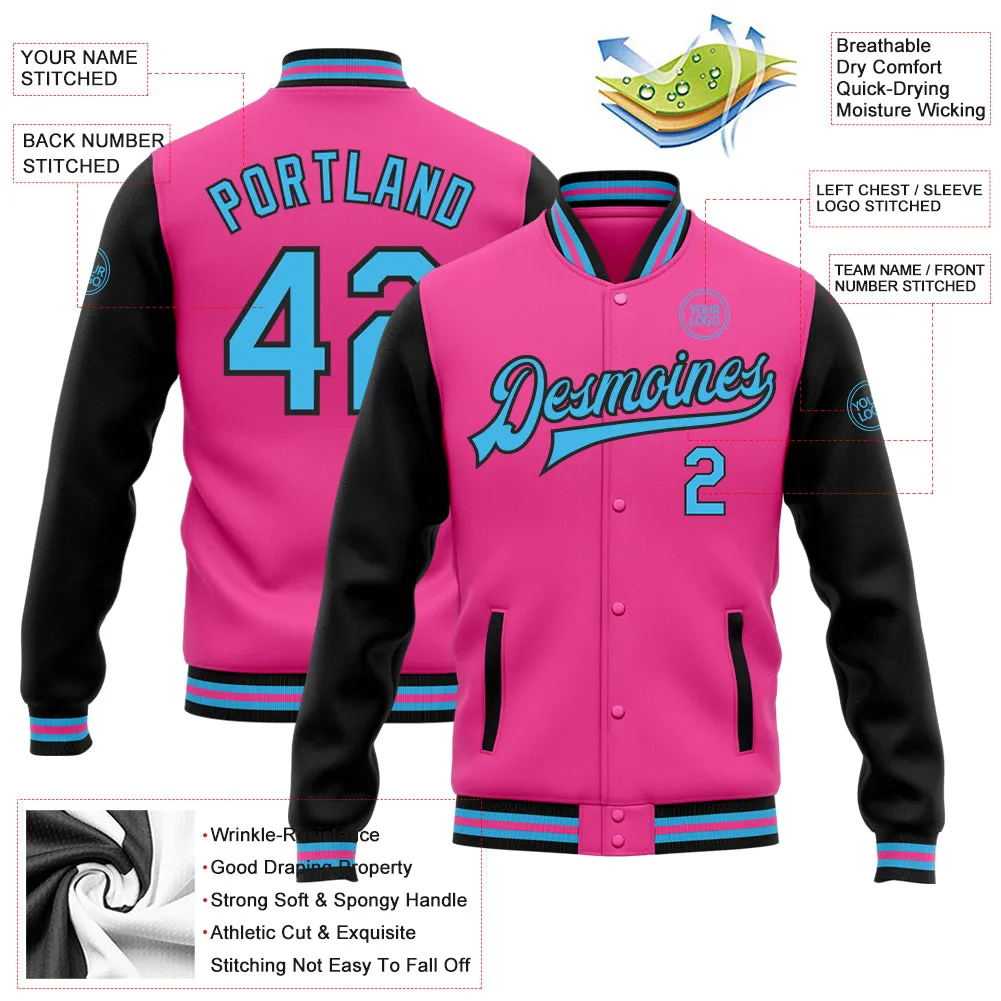 Custom Pink Sky Blue-Black Bomber Full-Snap Varsity Letterman Two Tone Jacket