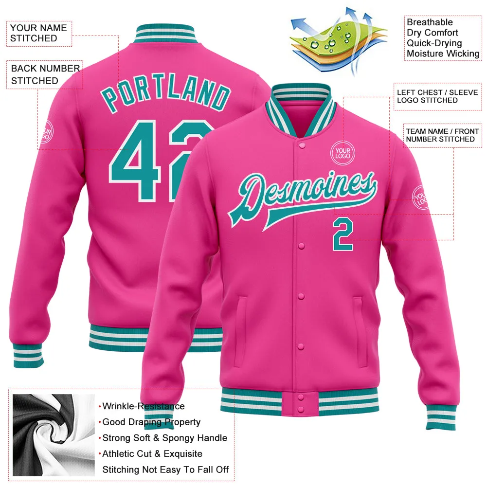 Custom Pink Teal-White Bomber Full-Snap Varsity Letterman Jacket