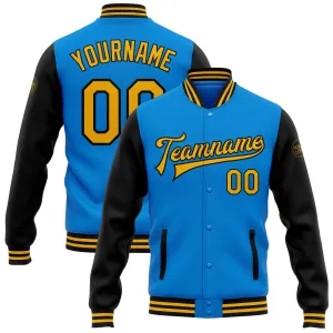 Custom Powder Blue Gold-Black Bomber Full-Snap Varsity Letterman Two Tone Jacket