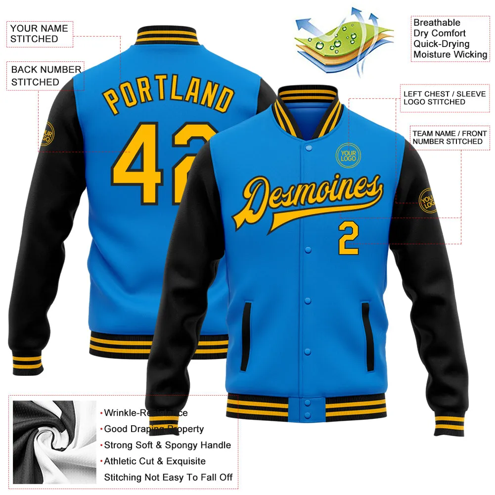 Custom Powder Blue Gold-Black Bomber Full-Snap Varsity Letterman Two Tone Jacket