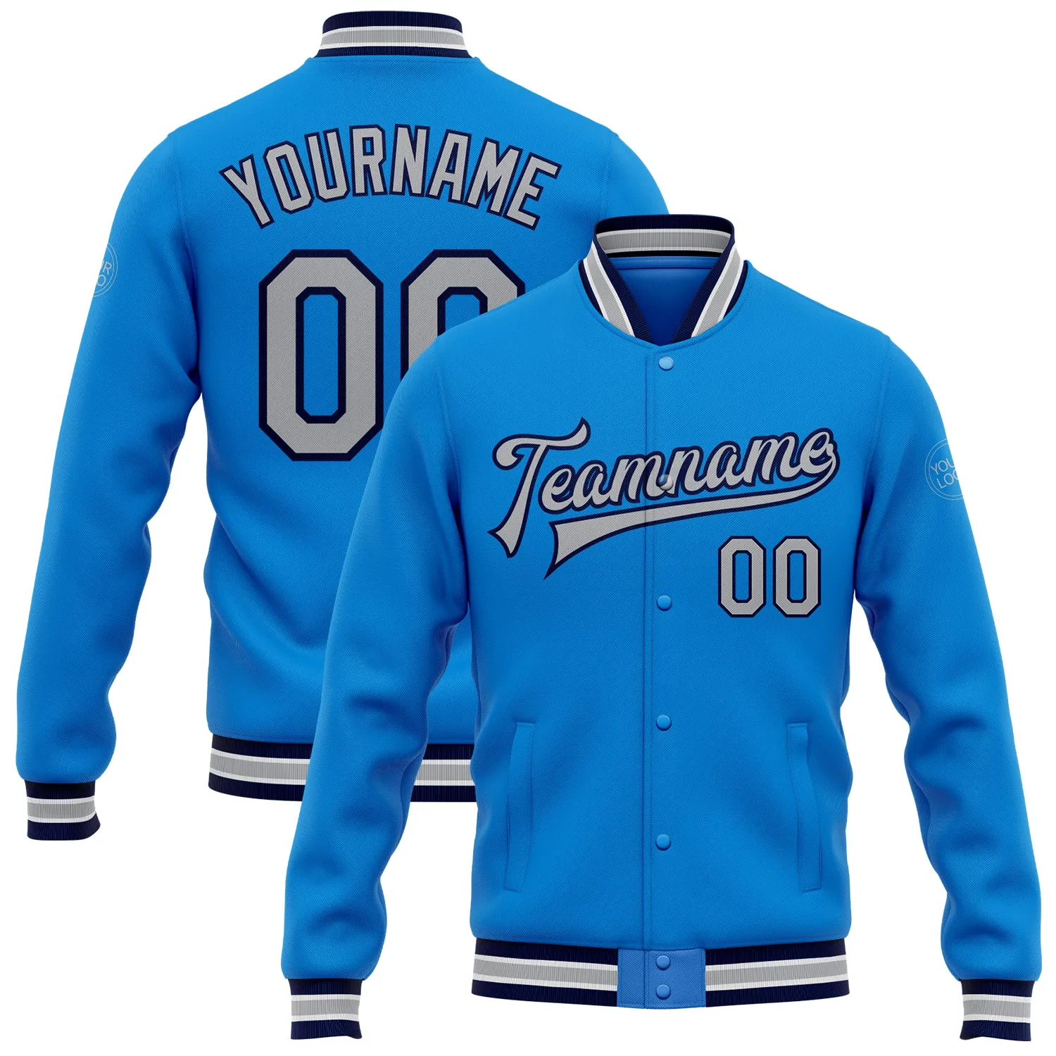 Custom Powder Blue Gray-Navy Bomber Full-Snap Varsity Letterman Jacket