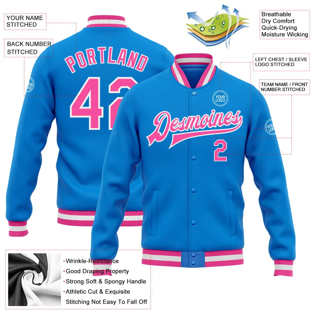 Custom Powder Blue Pink-White Bomber Full-Snap Varsity Letterman Jacket