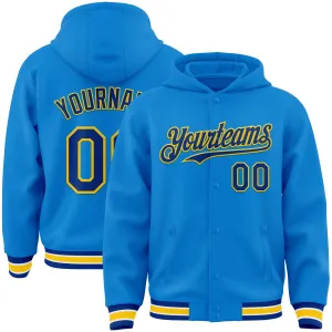 Custom Powder Blue Royal-Yellow Bomber Full-Snap Varsity Letterman Hoodie Jacket