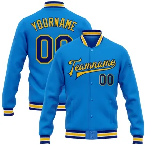 Custom Powder Blue Royal-Yellow Bomber Full-Snap Varsity Letterman Jacket