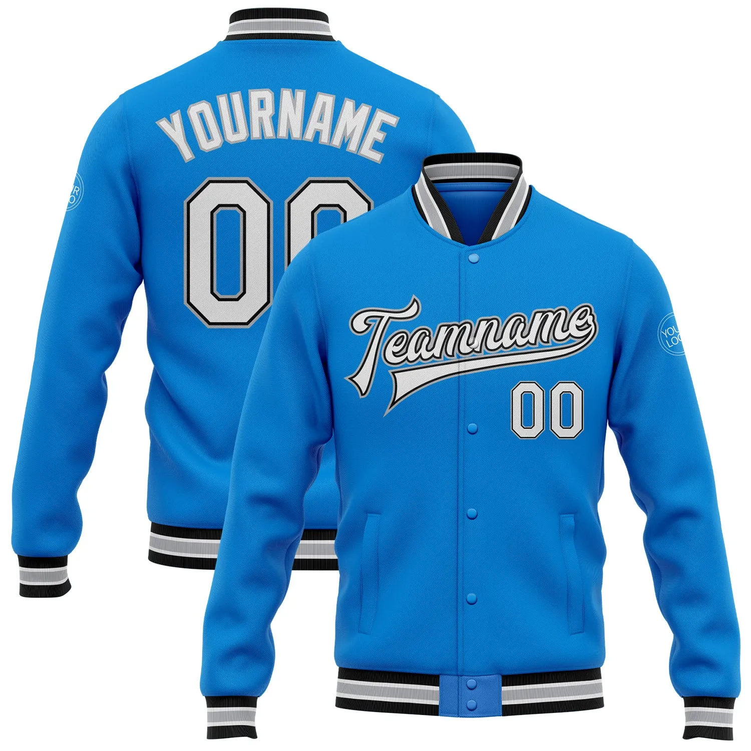 Custom Powder Blue White Black-Gray Bomber Full-Snap Varsity Letterman Jacket