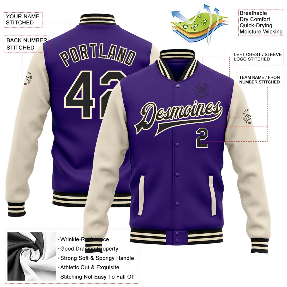 Custom Purple Black-Cream Bomber Full-Snap Varsity Letterman Two Tone Jacket