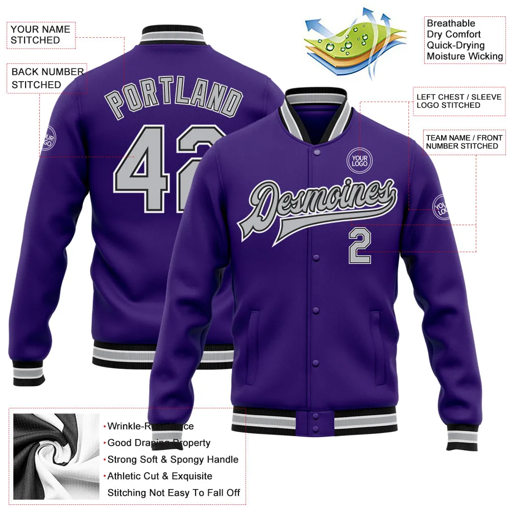 Custom Purple Gray-Black Bomber Full-Snap Varsity Letterman Jacket