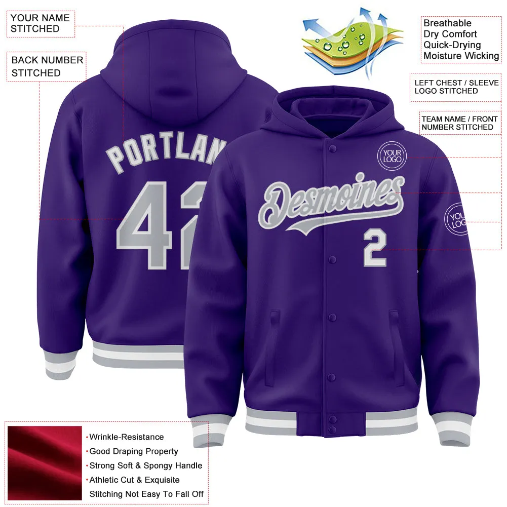 Custom Purple Gray-White Bomber Full-Snap Varsity Letterman Hoodie Jacket