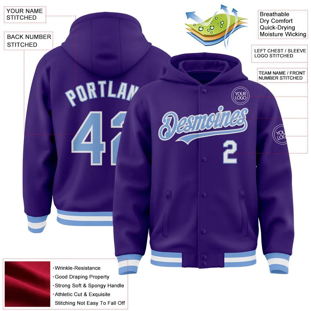 Custom Purple Light Blue-White Bomber Full-Snap Varsity Letterman Hoodie Jacket