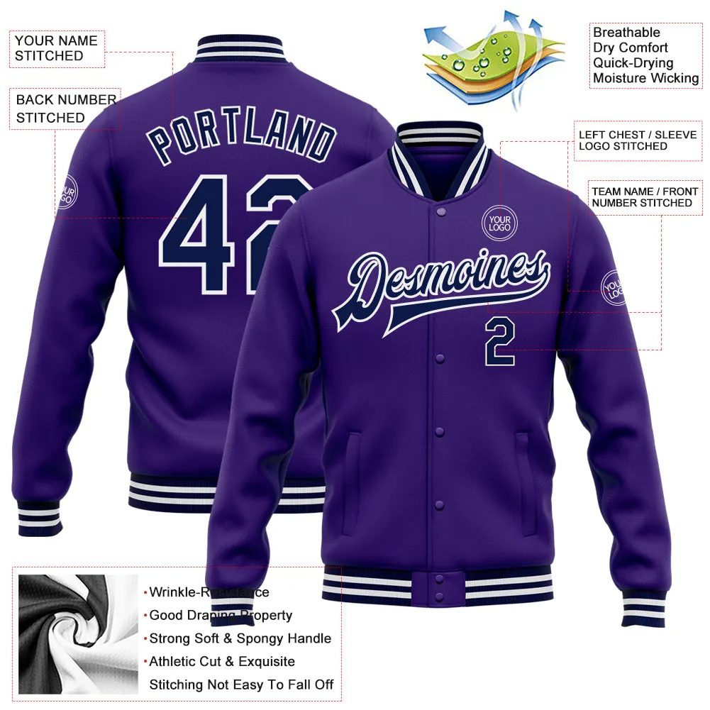 Custom Purple Navy-White Bomber Full-Snap Varsity Letterman Jacket