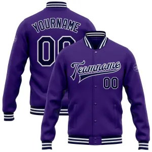 Custom Purple Navy-White Bomber Full-Snap Varsity Letterman Jacket