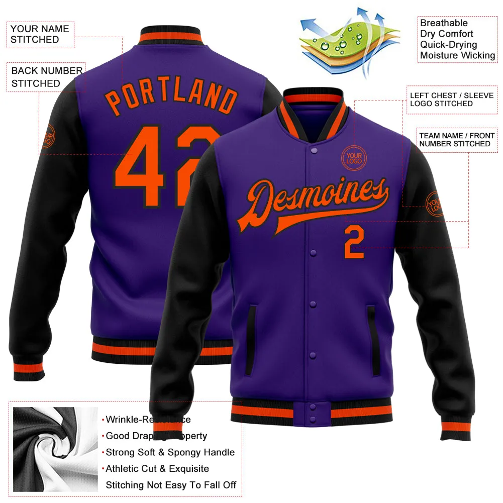 Custom Purple Orange-Black Bomber Full-Snap Varsity Letterman Two Tone Jacket