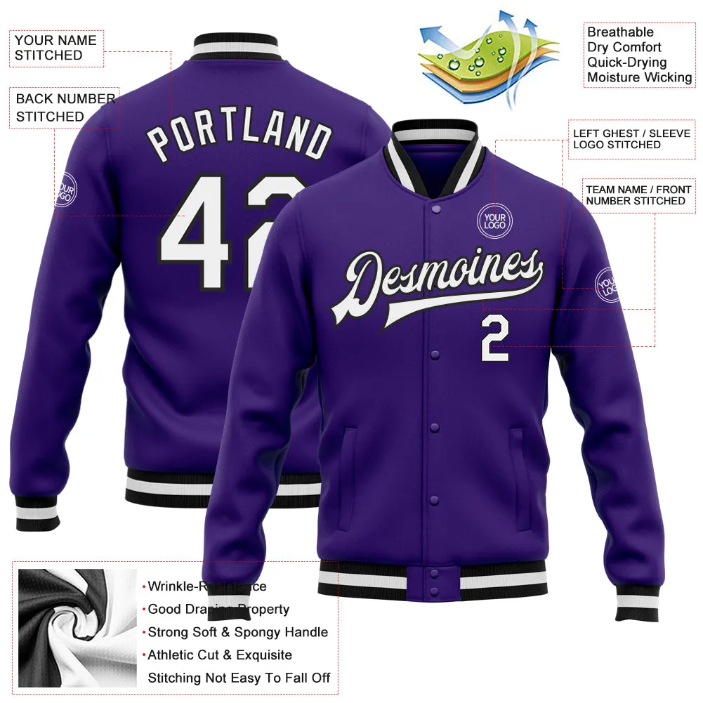 Custom Purple White-Black Bomber Full-Snap Varsity Letterman Jacket