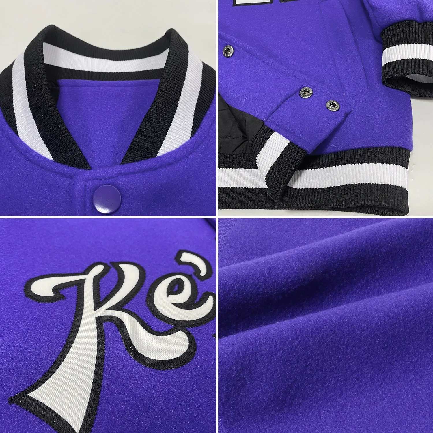 Custom Purple White-Black Bomber Full-Snap Varsity Letterman Jacket