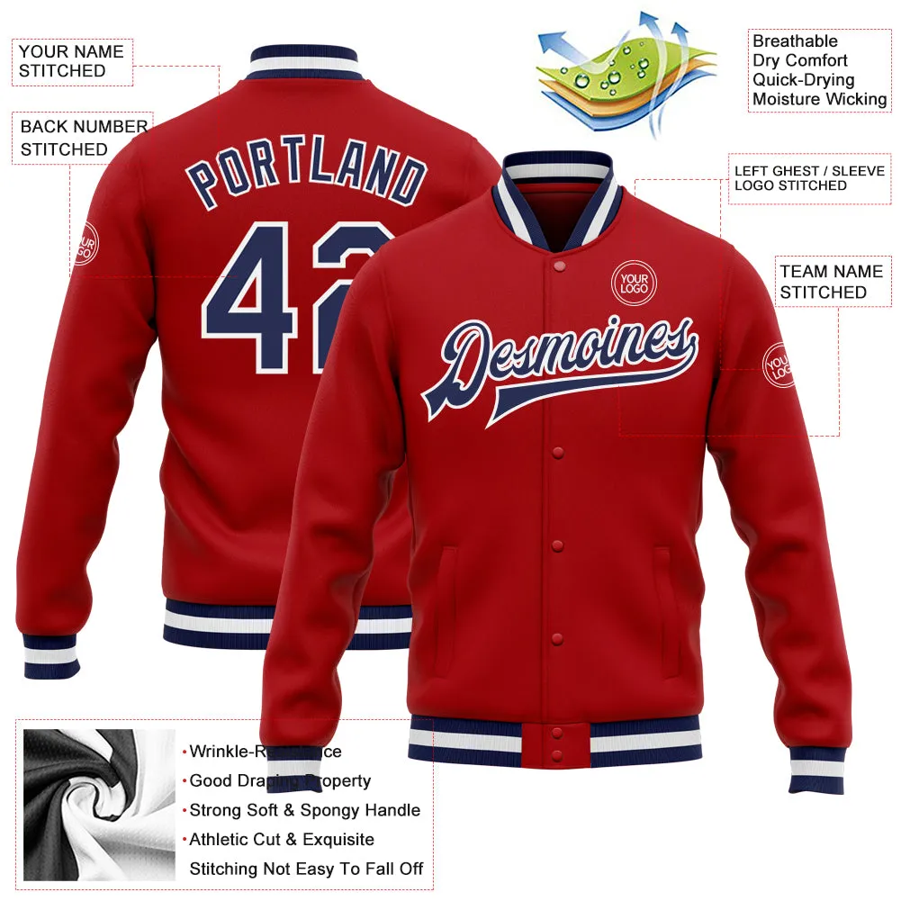 Custom Red Navy-White Bomber Full-Snap Varsity Letterman Jacket