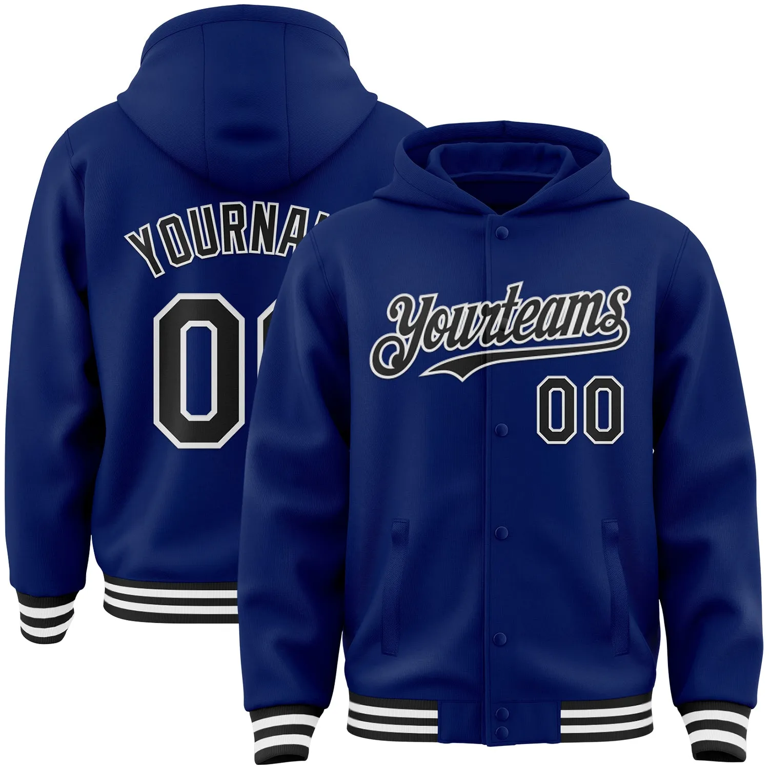 Custom Royal Black-White Bomber Full-Snap Varsity Letterman Hoodie Jacket