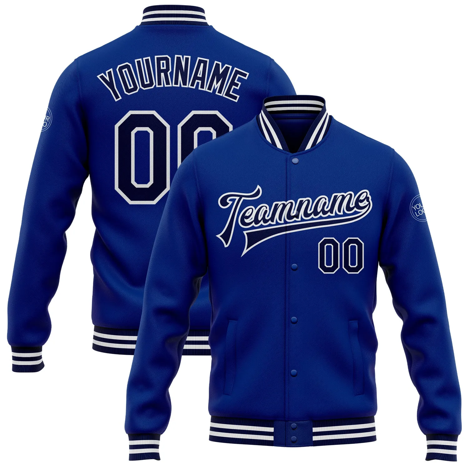 Custom Royal Navy-White Bomber Full-Snap Varsity Letterman Jacket