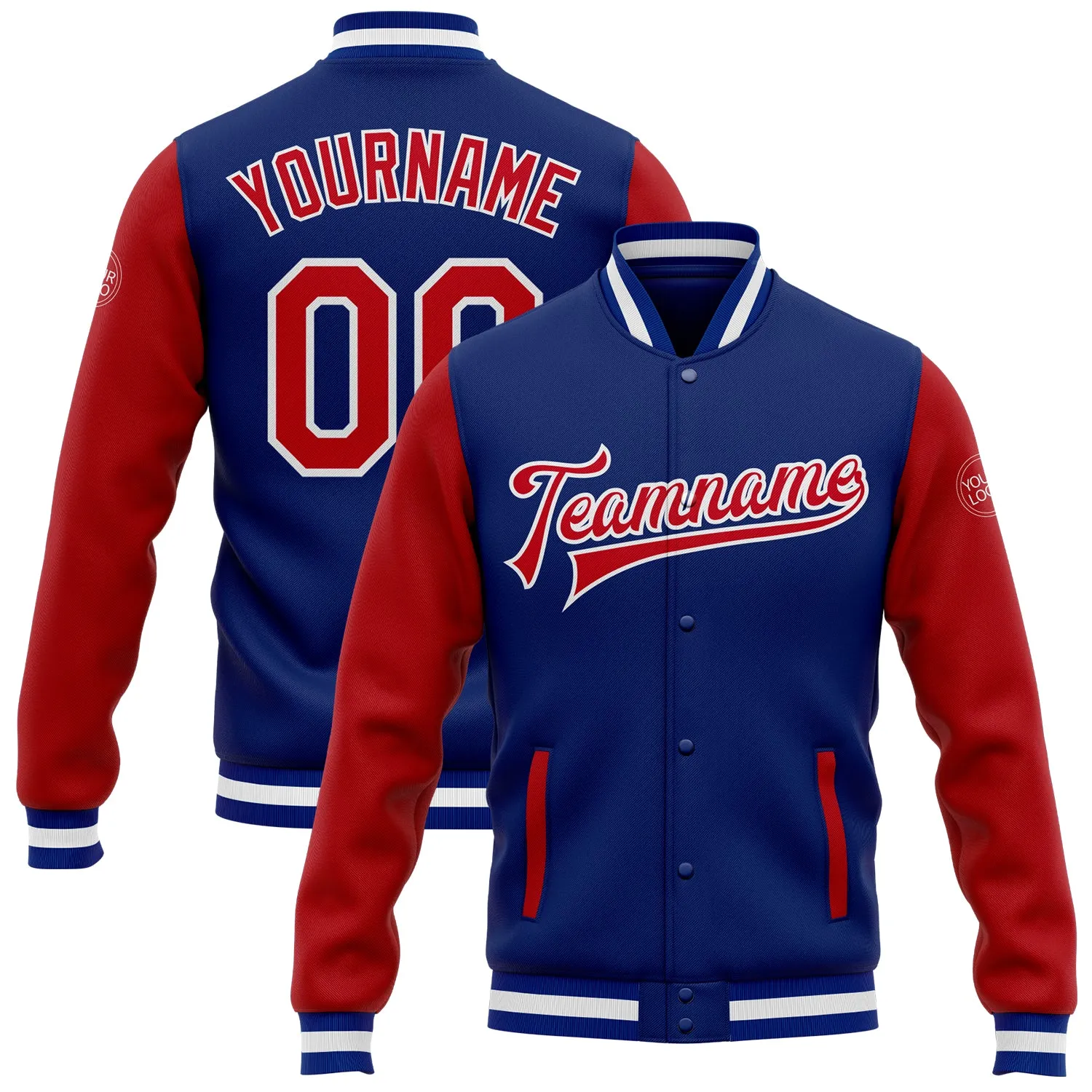 Custom Royal Red-White Bomber Full-Snap Varsity Letterman Two Tone Jacket