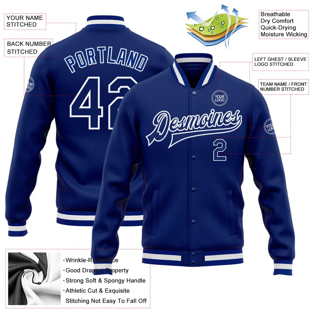 Custom Royal Royal-White Bomber Full-Snap Varsity Letterman Jacket