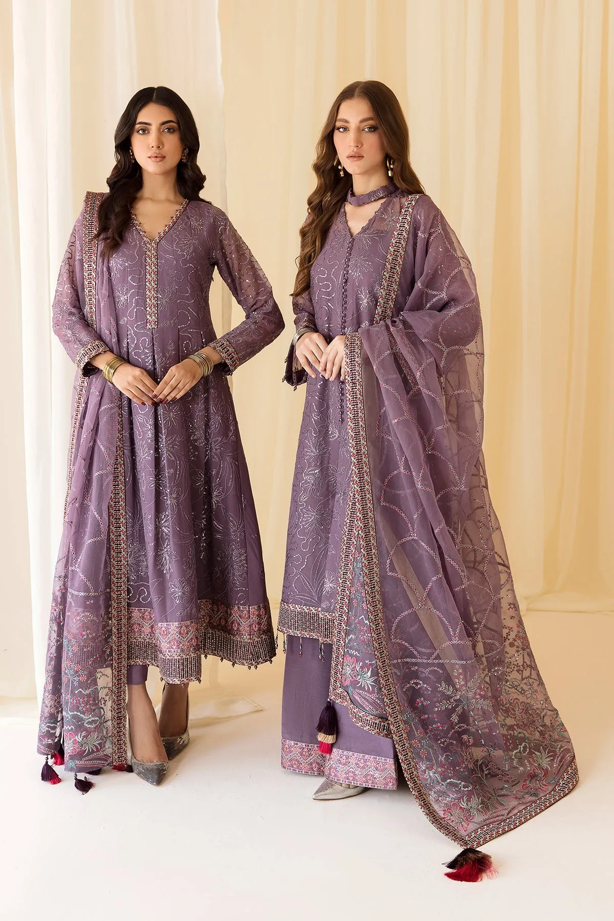 Embroidered Lilac Pakistani Frock Capri with Embellished Dupatta