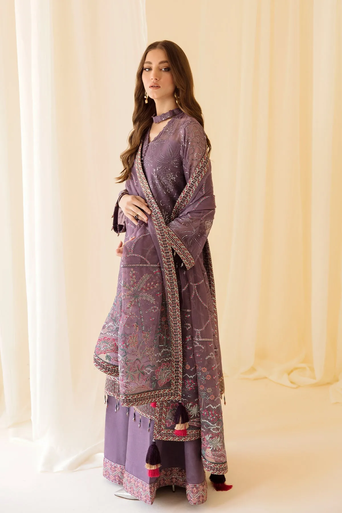 Embroidered Lilac Pakistani Frock Capri with Embellished Dupatta