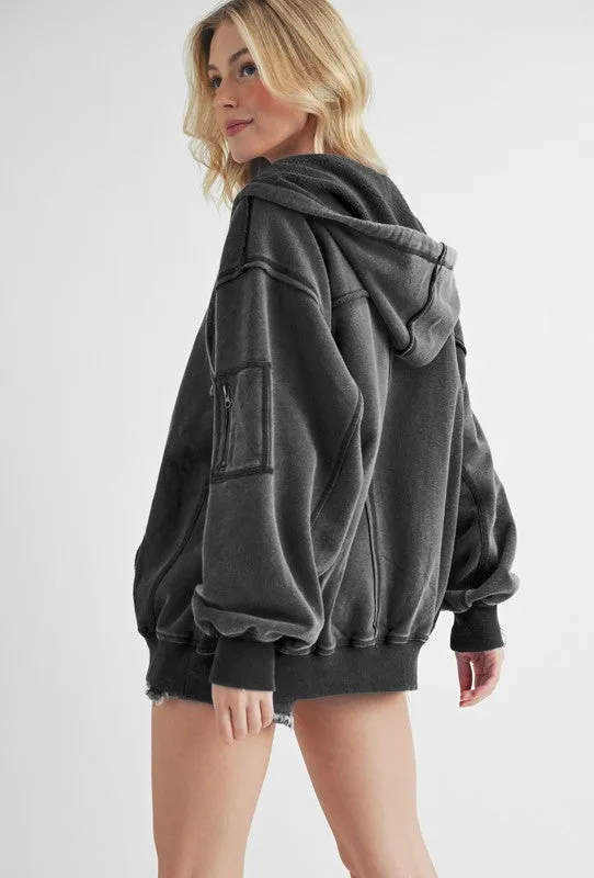 Exposed Seam Zip Up Drawstring Hooded Jacket