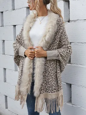 Faux Fur Trim Fringed Leopard Cardigan