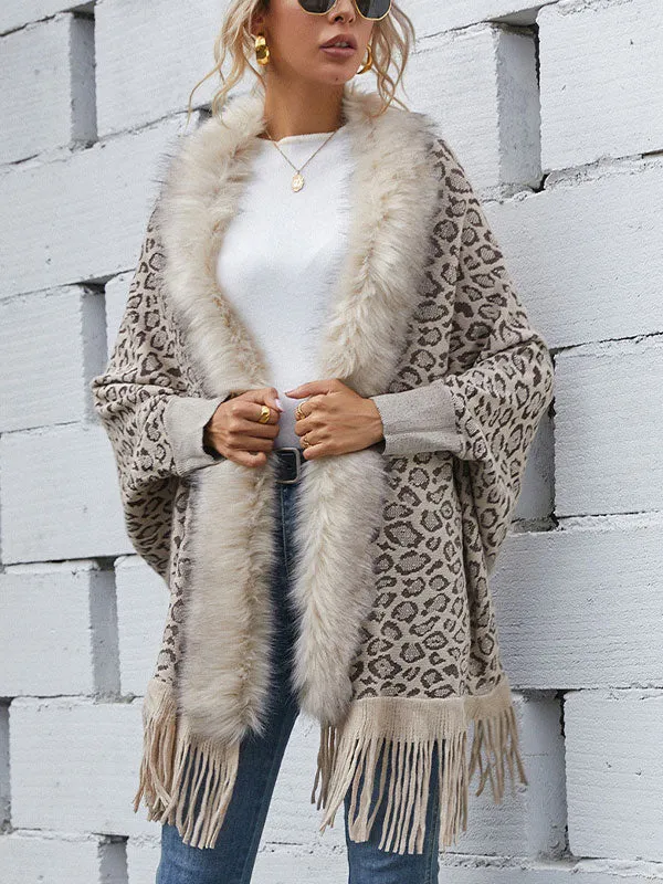 Faux Fur Trim Fringed Leopard Cardigan