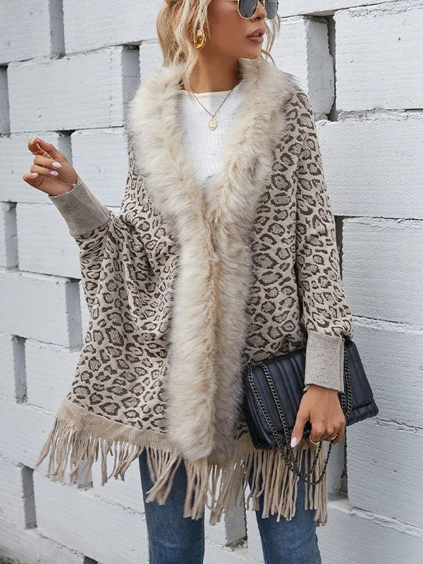 Faux Fur Trim Fringed Leopard Cardigan