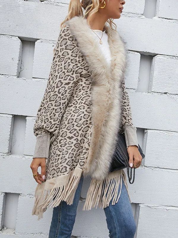 Faux Fur Trim Fringed Leopard Cardigan