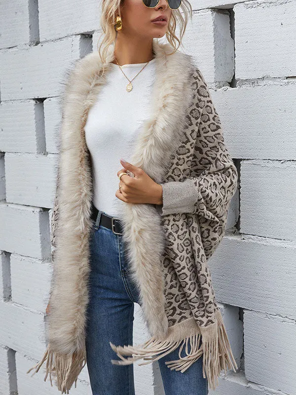 Faux Fur Trim Fringed Leopard Cardigan