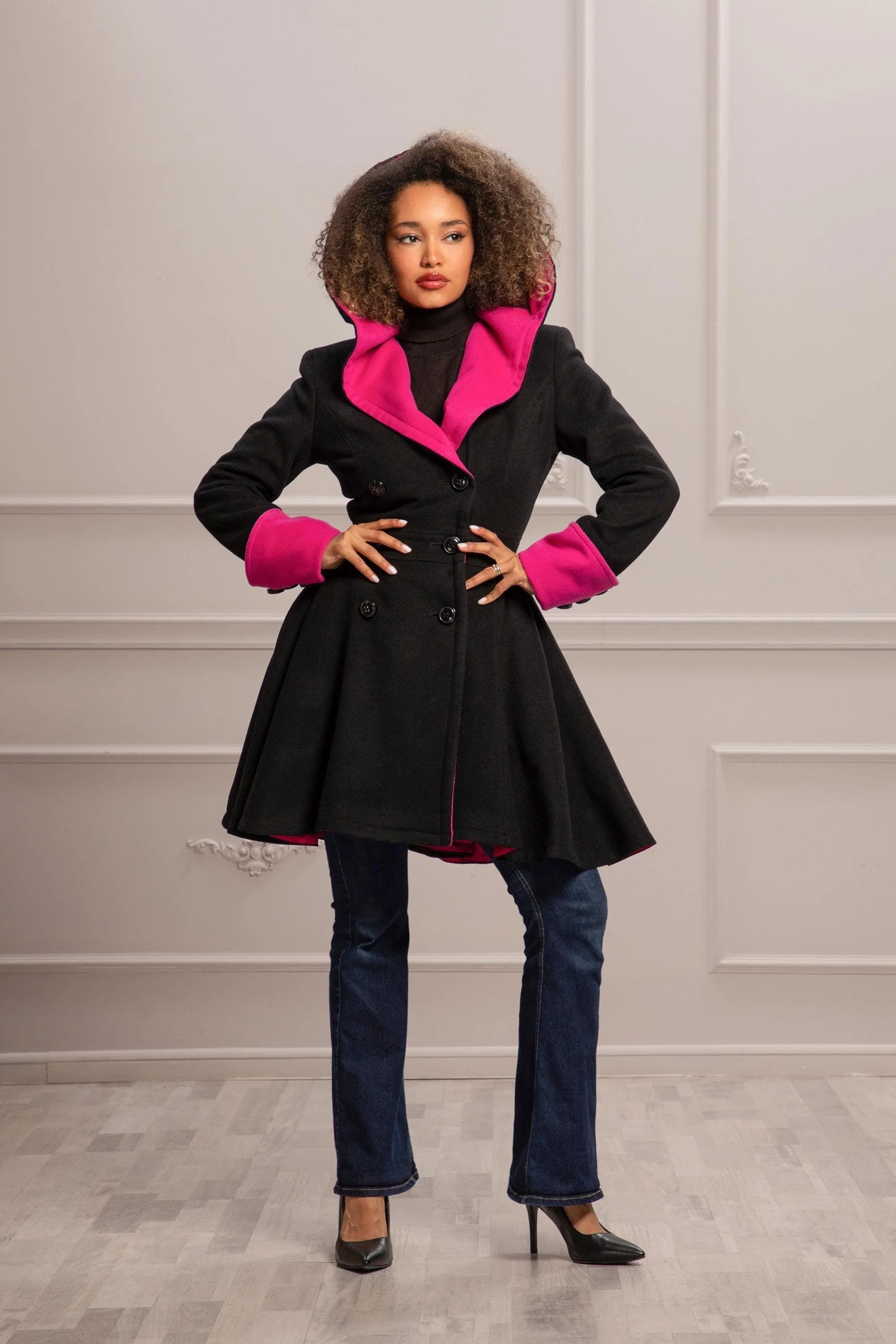 FUSCHIA & BLACK SKIRT COAT