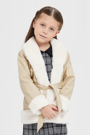 Girls Beige Pu Fur Jacket