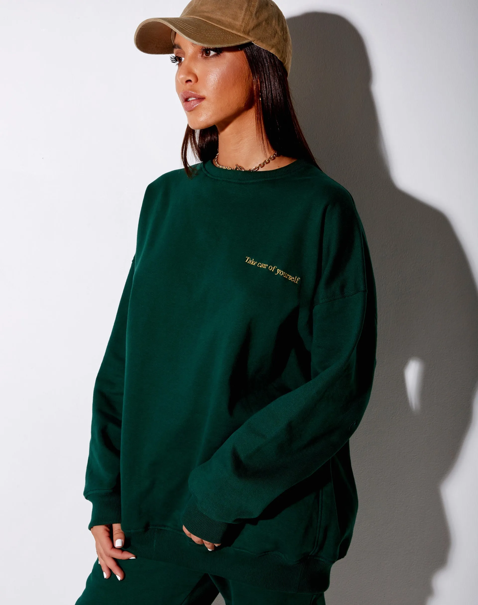 Glo Sweatshirt in Bottle Green with 'Take Care Of Yourself' Embro