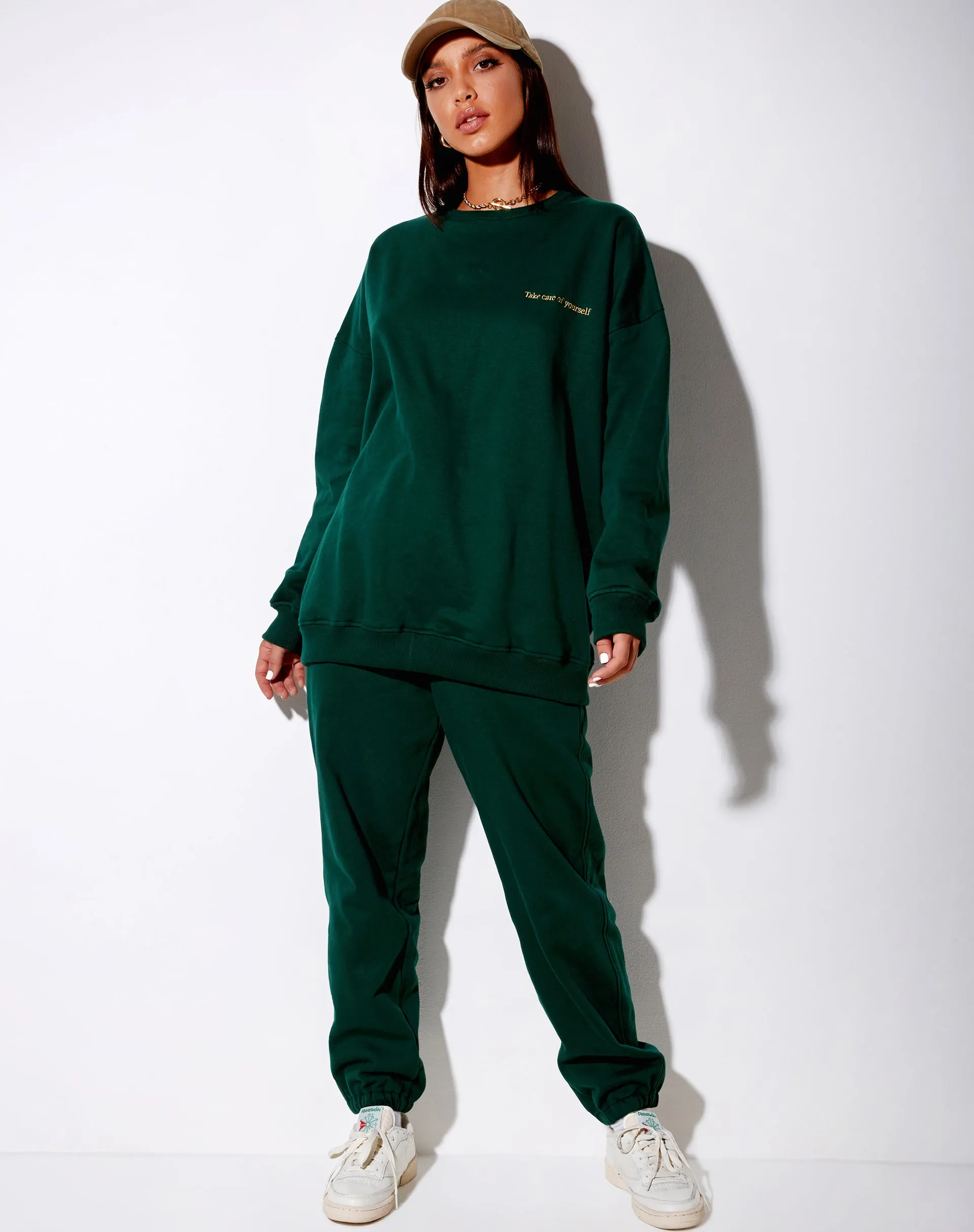 Glo Sweatshirt in Bottle Green with 'Take Care Of Yourself' Embro