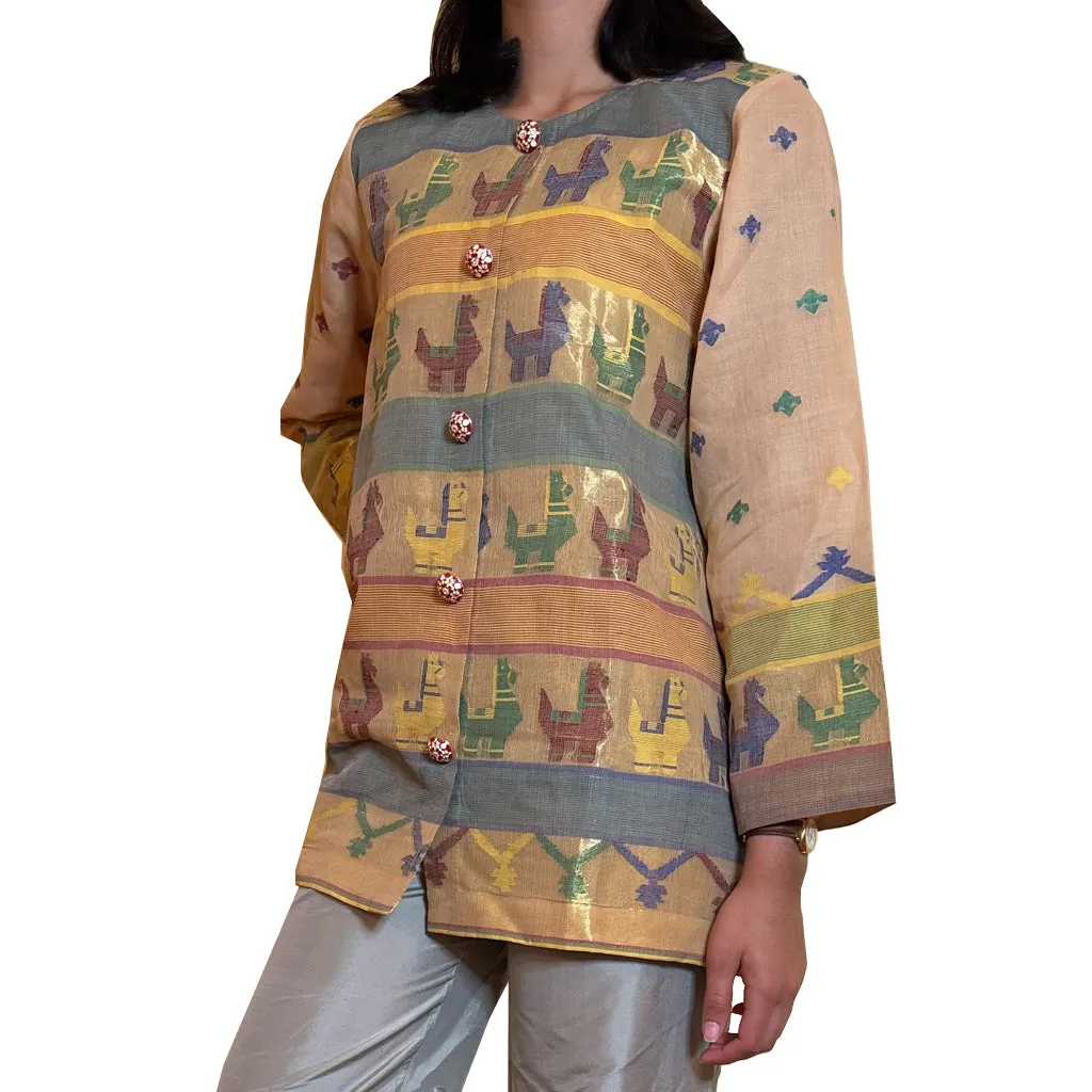 Gold Ghoda Jacket - Cotton Sari Upcycled 3/4 Length Woven Fabric