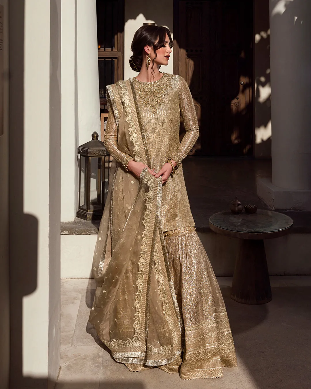 Golden Kameez Sharara for Pakistani Wedding Dresses