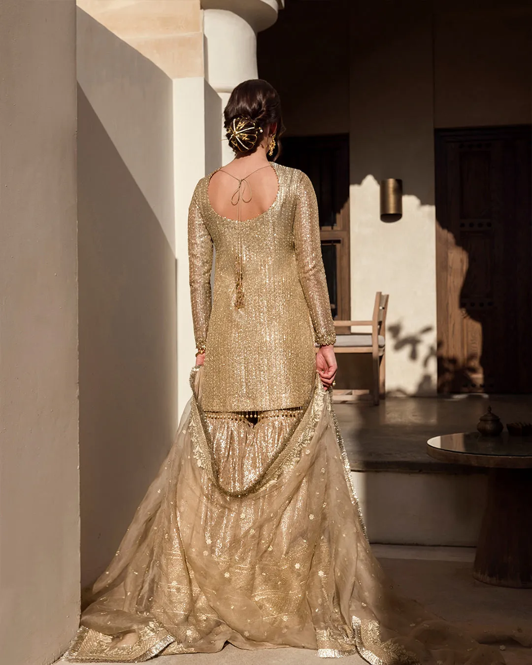 Golden Kameez Sharara for Pakistani Wedding Dresses