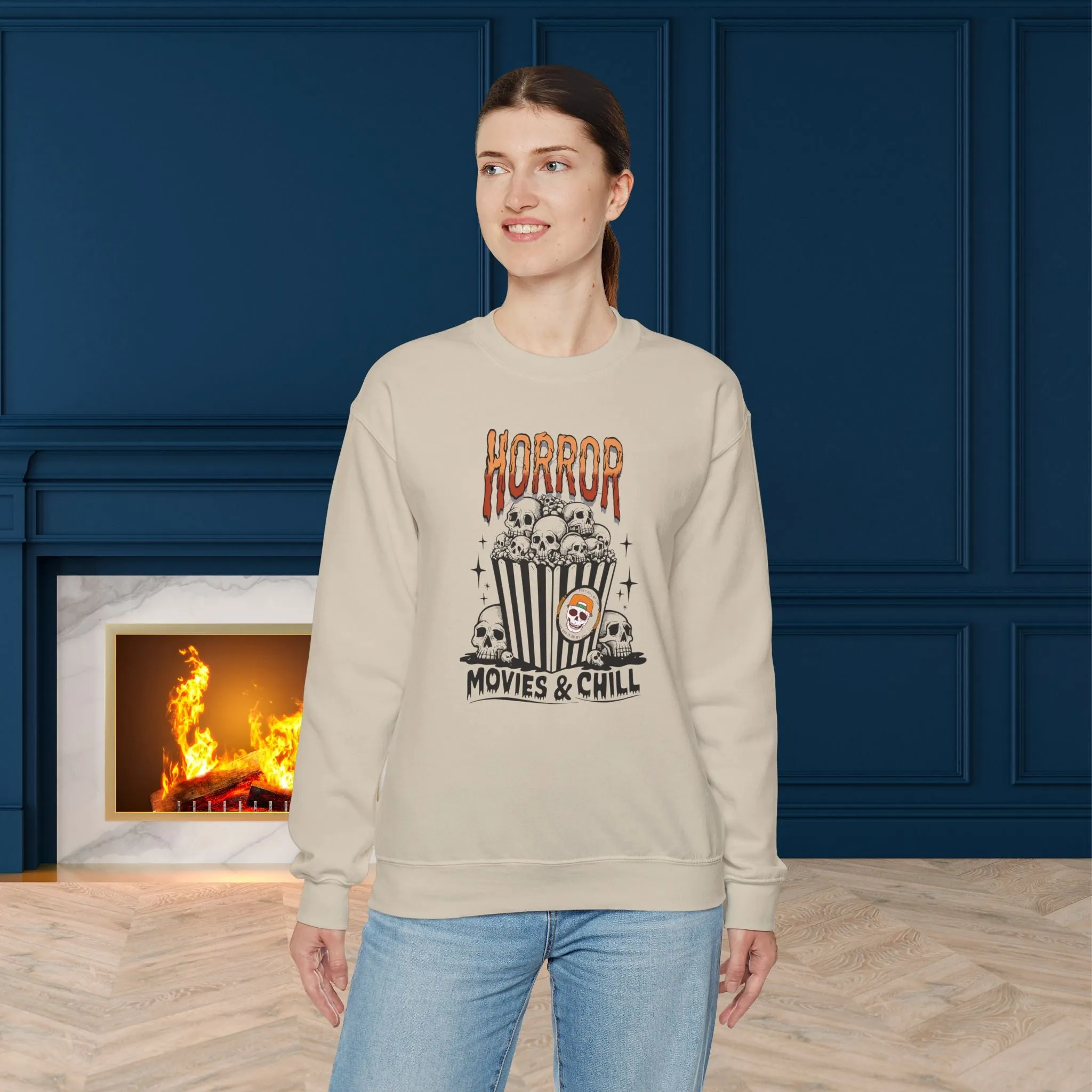 Horror Movies & Chill Sweatshirt, Happy Halloween Sweatshirt - Unisex Heavy Blend Crewneck, Halloween Sweatshirt, Cute Spooky Ghost sweatshirt.