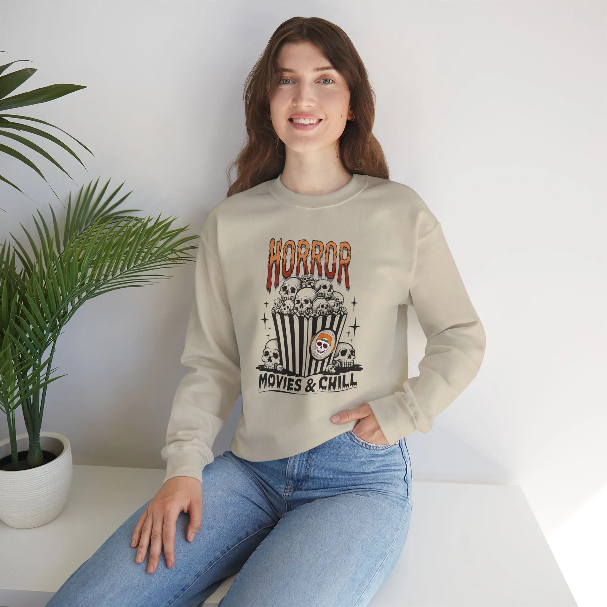 Horror Movies & Chill Sweatshirt, Happy Halloween Sweatshirt - Unisex Heavy Blend Crewneck, Halloween Sweatshirt, Cute Spooky Ghost sweatshirt.