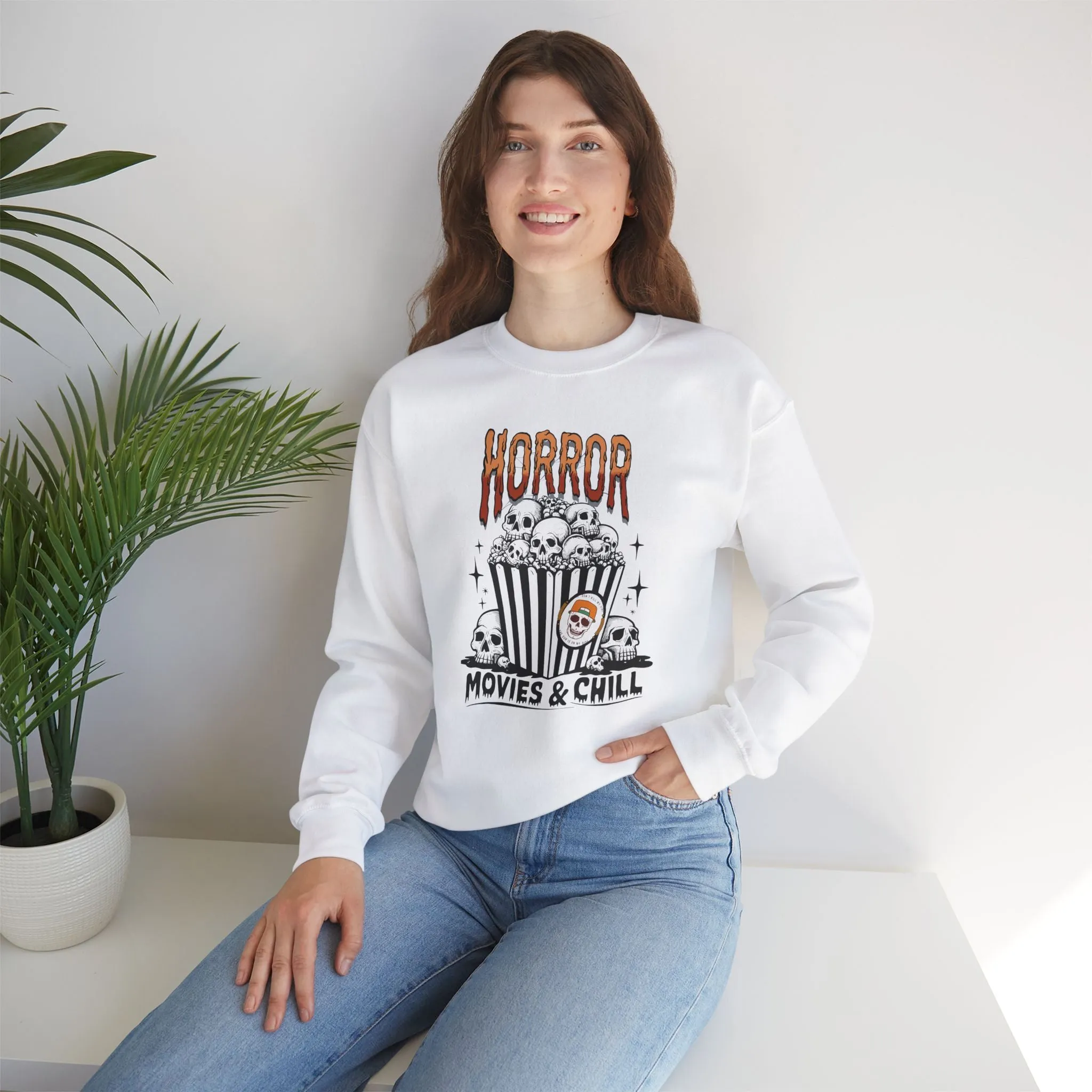 Horror Movies & Chill Sweatshirt, Happy Halloween Sweatshirt - Unisex Heavy Blend Crewneck, Halloween Sweatshirt, Cute Spooky Ghost sweatshirt.