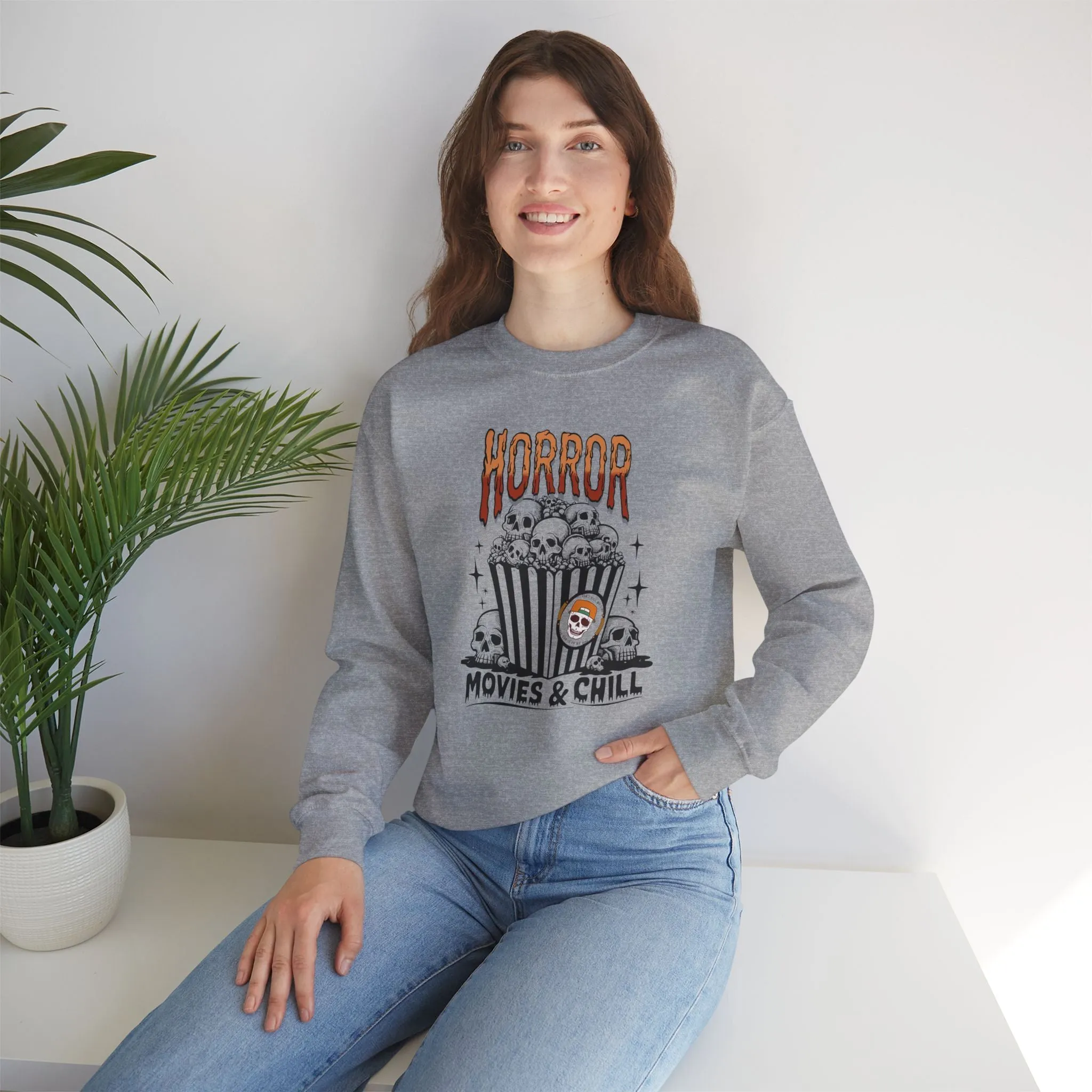 Horror Movies & Chill Sweatshirt, Happy Halloween Sweatshirt - Unisex Heavy Blend Crewneck, Halloween Sweatshirt, Cute Spooky Ghost sweatshirt.