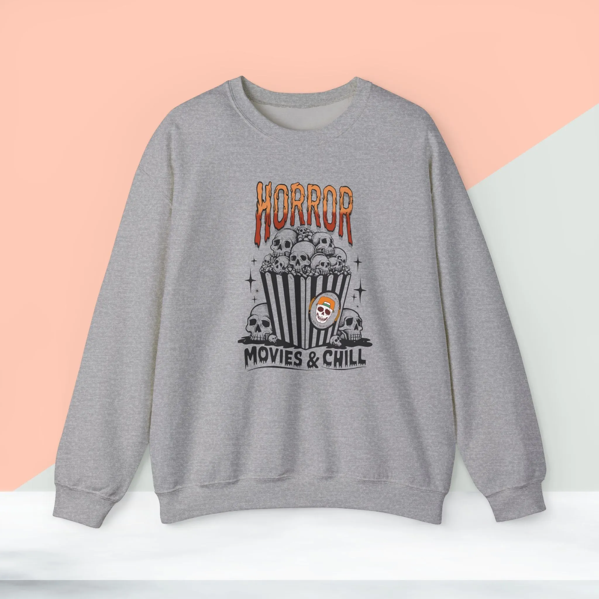 Horror Movies & Chill Sweatshirt, Happy Halloween Sweatshirt - Unisex Heavy Blend Crewneck, Halloween Sweatshirt, Cute Spooky Ghost sweatshirt.