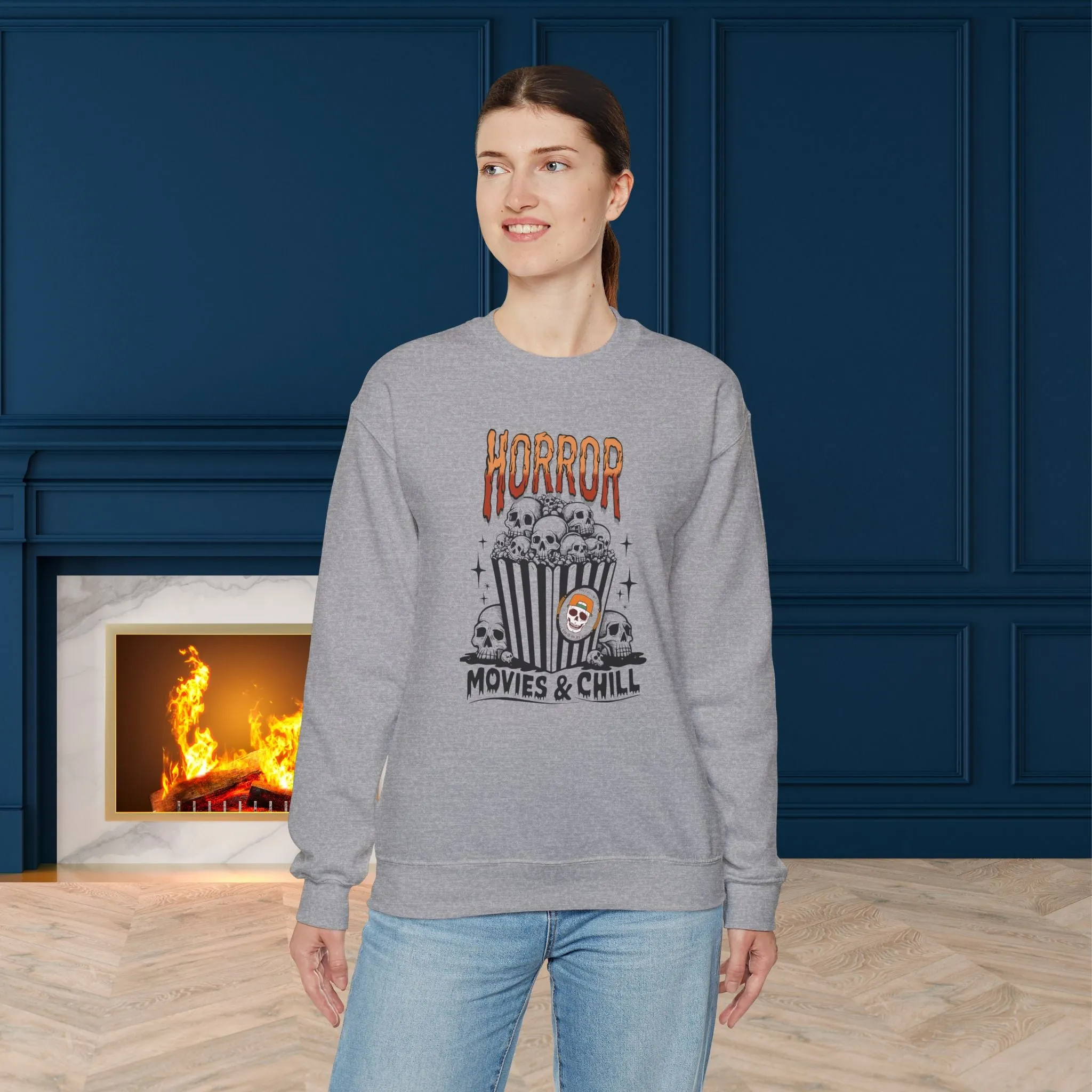 Horror Movies & Chill Sweatshirt, Happy Halloween Sweatshirt - Unisex Heavy Blend Crewneck, Halloween Sweatshirt, Cute Spooky Ghost sweatshirt.