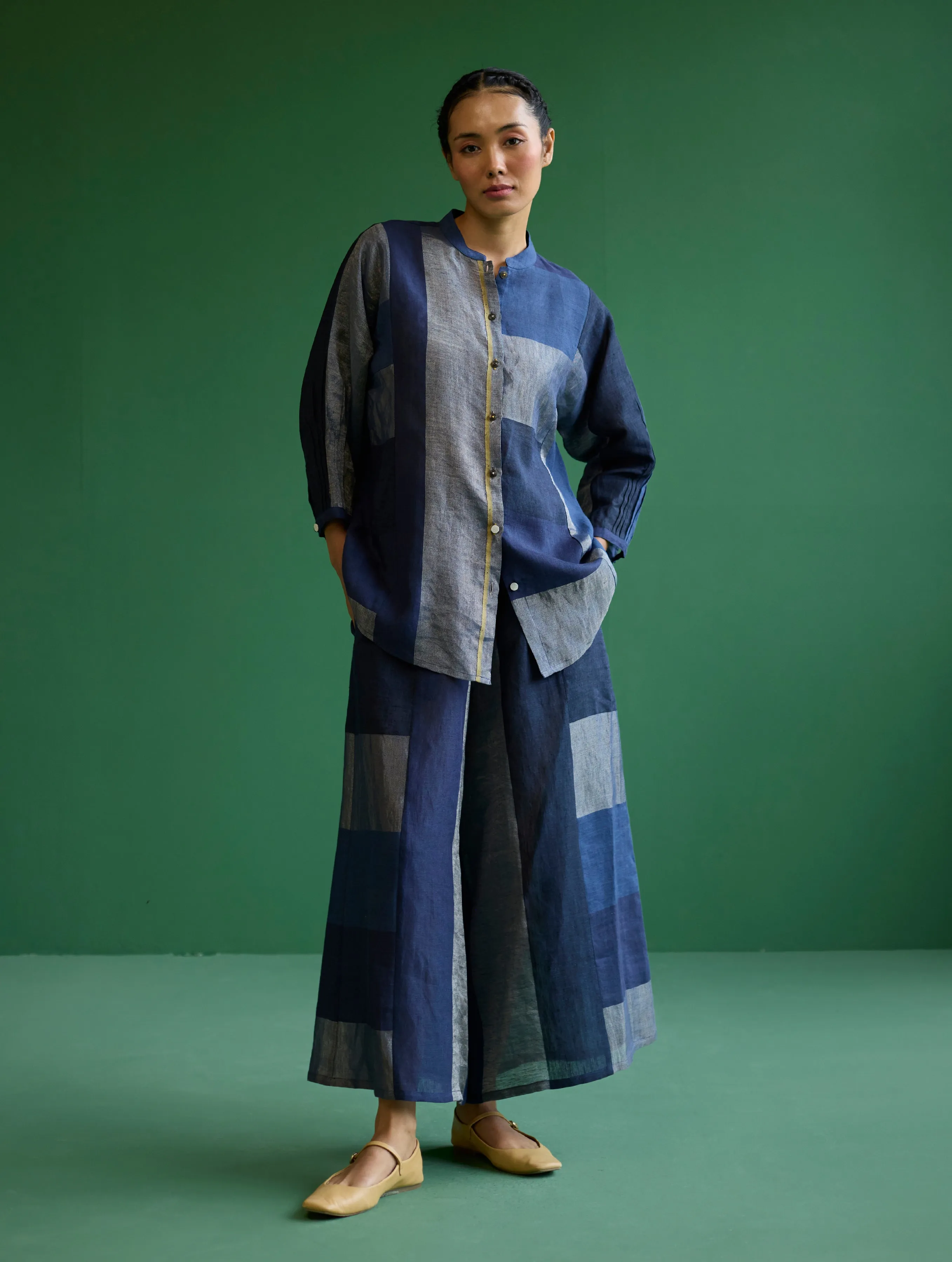 Izara Metallic Linen Co-ord Set - Navy