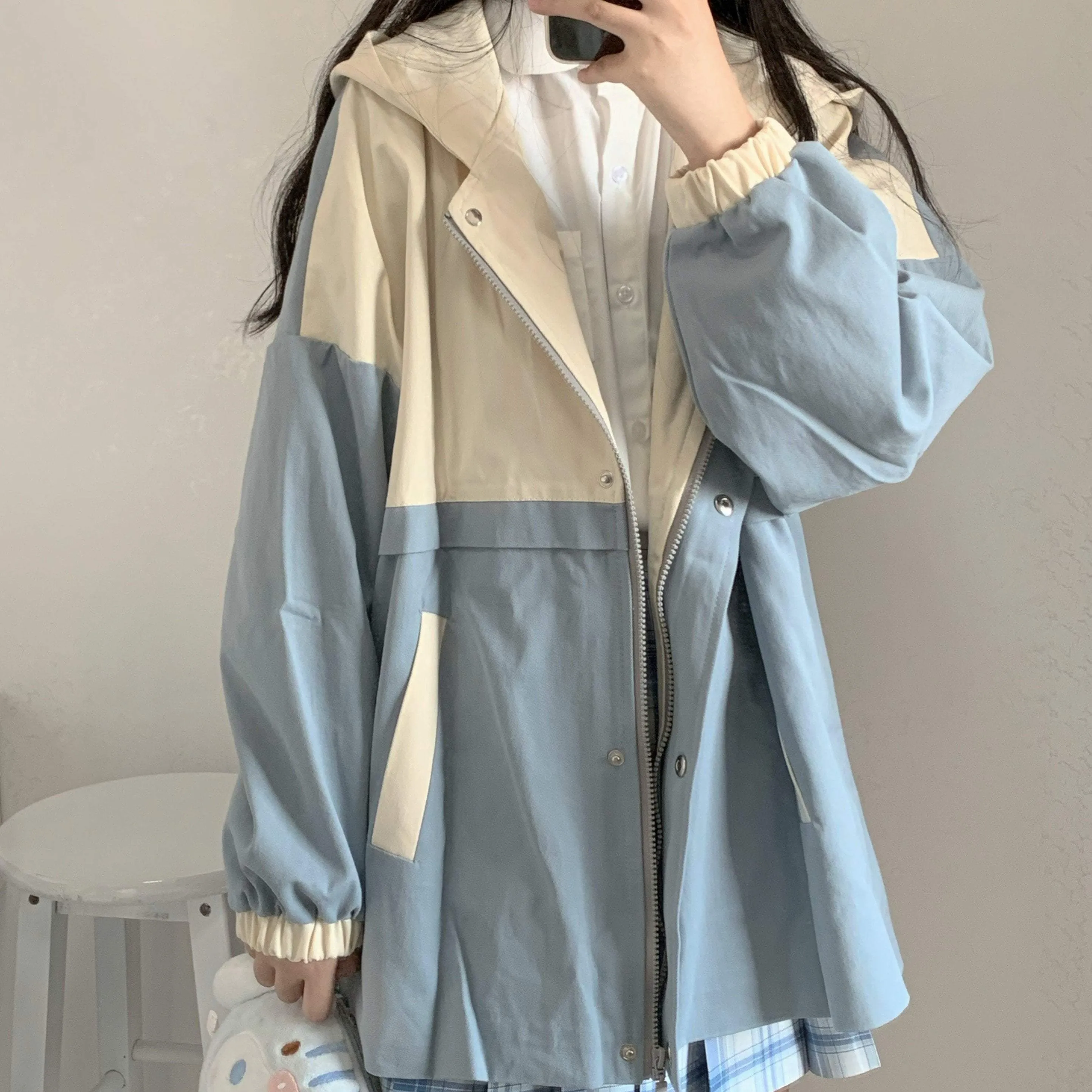 Kawaii Color Block Windbreaker Loose Hooded Jacket