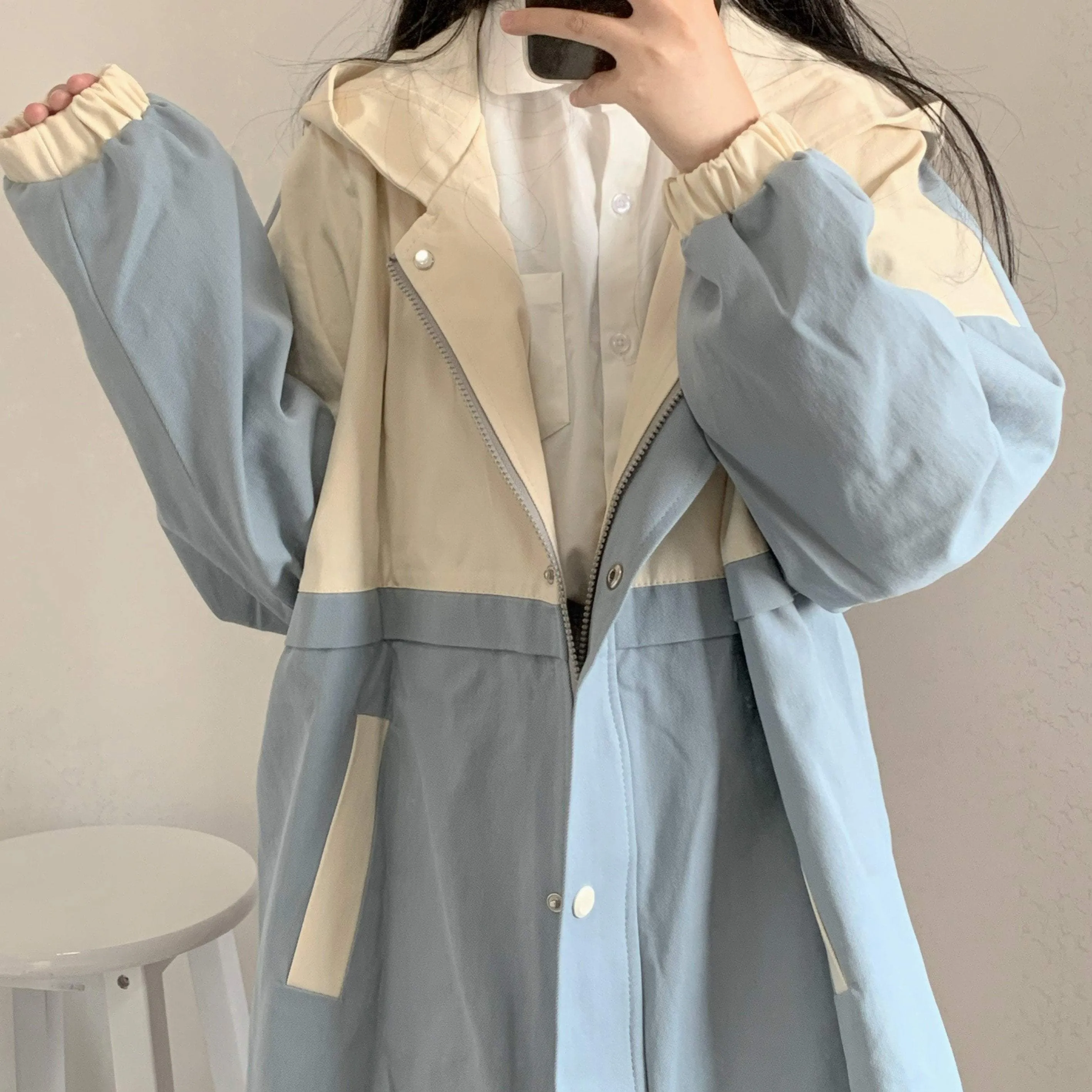 Kawaii Color Block Windbreaker Loose Hooded Jacket