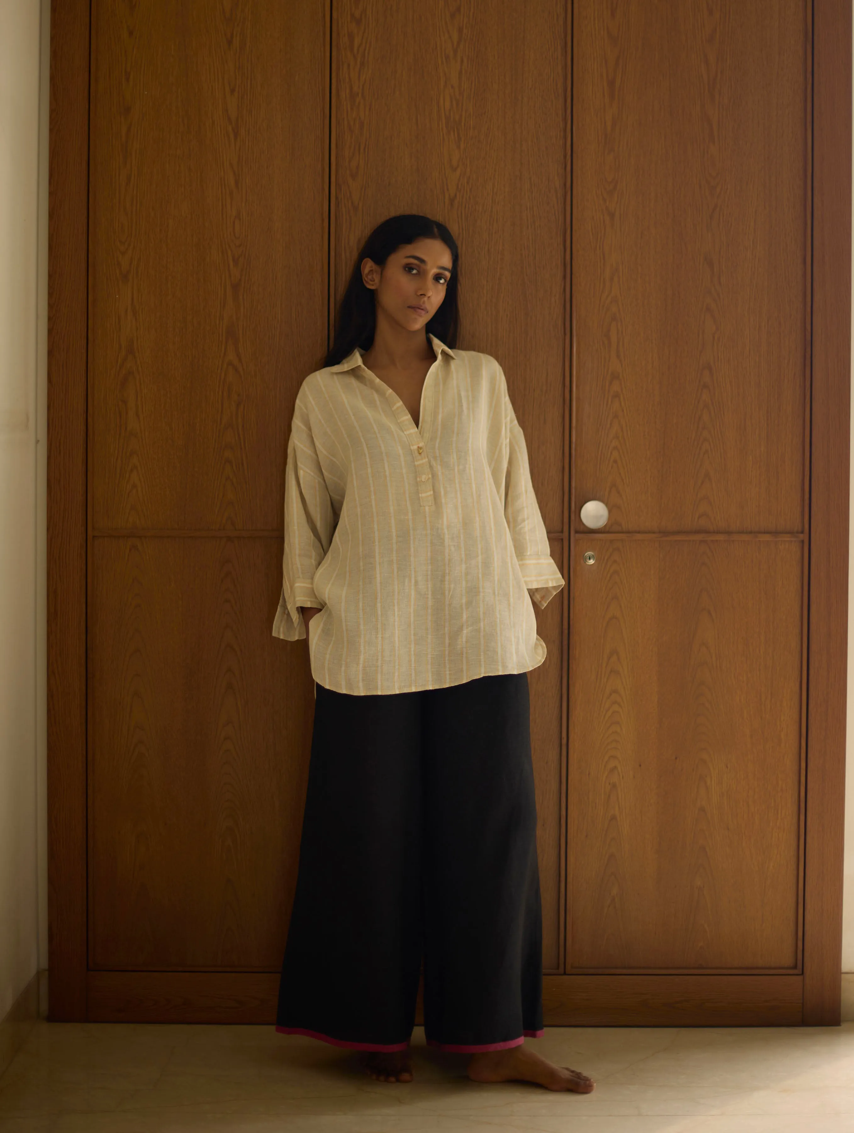 Kiku Striped Linen Top with Black Linen Pants