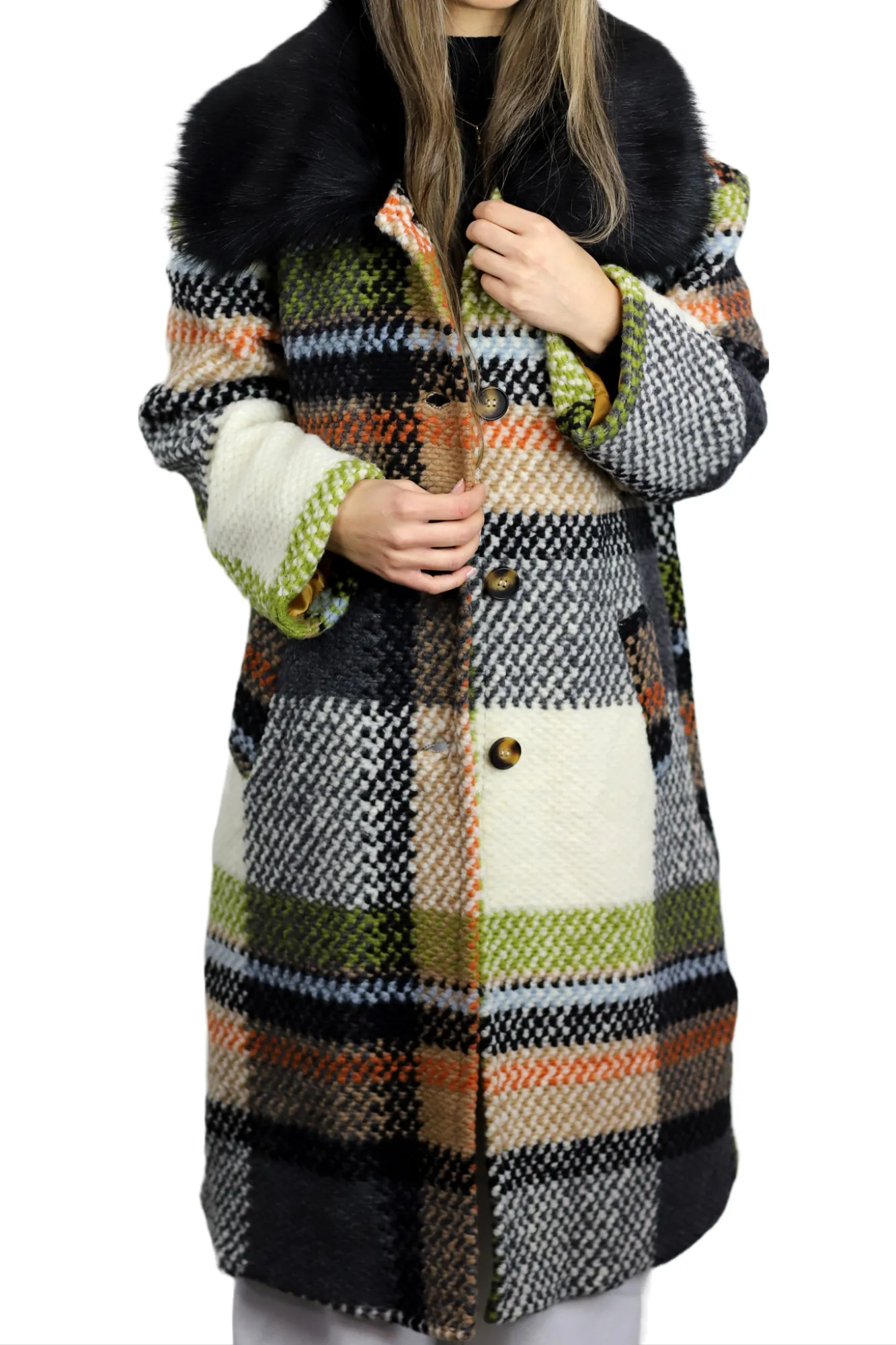 La Fiorentina Long Plaid Wool Coat w/ Faux Fur Trim - Ivory/Black