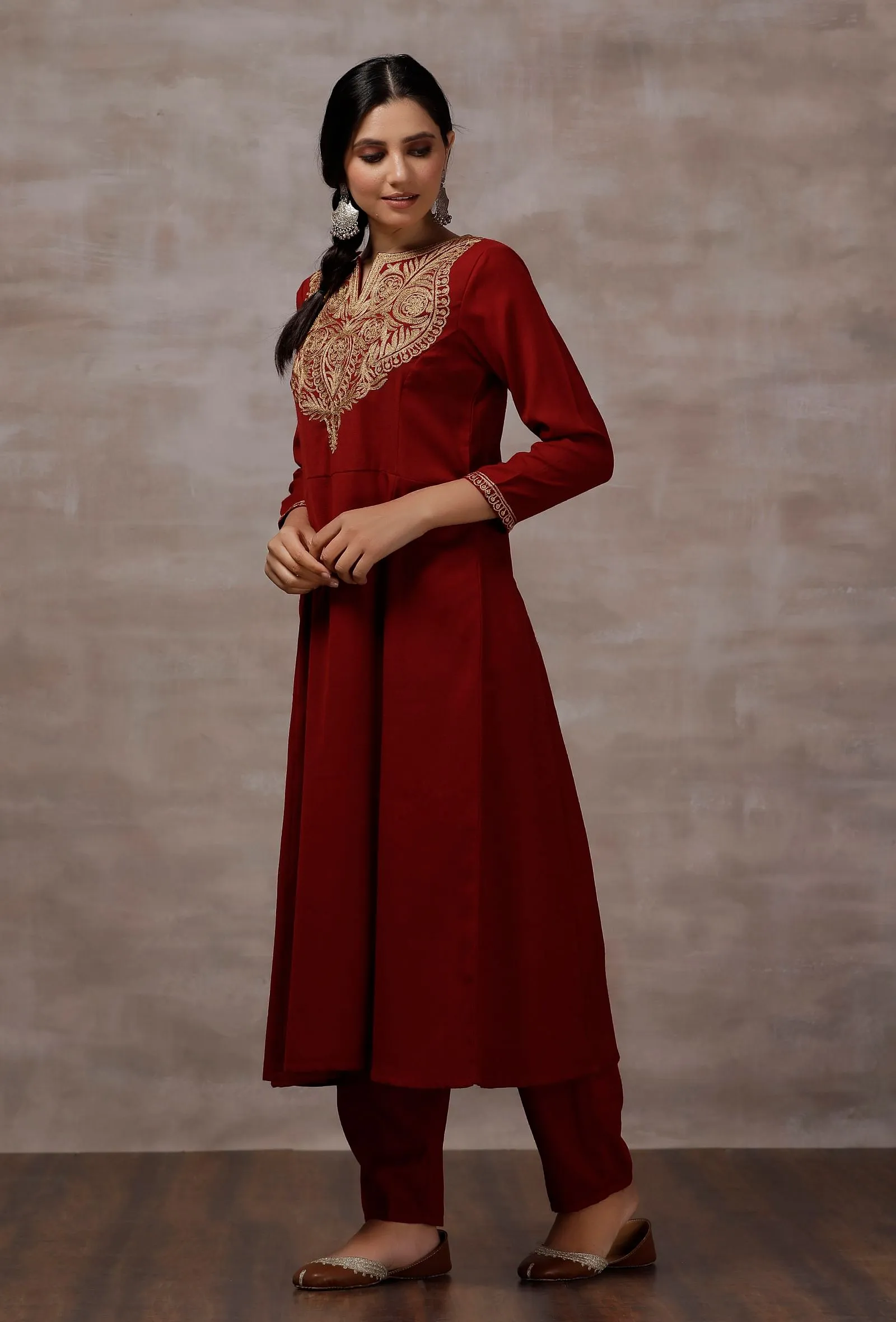 Lata Maroon A-Line Woollen Kurta